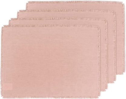 Solino Home Fringe Linen Placemats Set of 4 - Misty Pink Placemats 14 x 19 Inch - 100% Pure Linen Table Mats