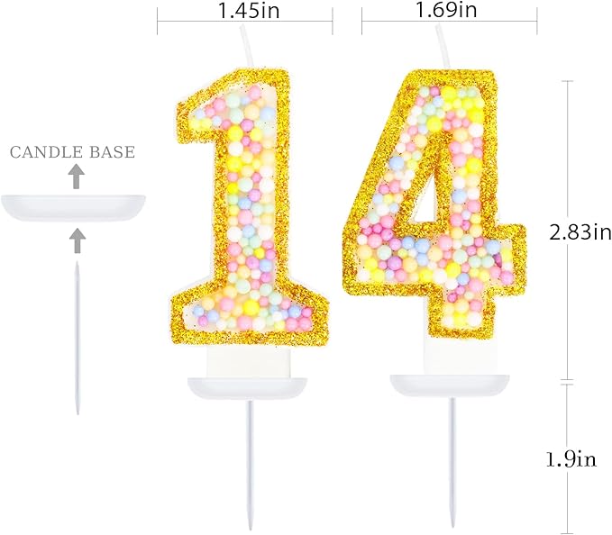 14th Birthday Candle for Cake, Colorful Macaron Numeral Candles for Girls/Boys, Birthday Party Cake Decorations, Golden Cake Topper for Birthday Party Supplies (Number 14)