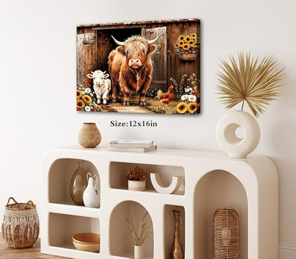 ZOIYINO Farmhouse Highland Cow Wall Art Rustic Country Sunflower Cow Pictures Wall Decor,Farm Animal Cattle Sunflower Prints Painting Modern Artwork Bedroom Living Room Home Decorations 12"X16"