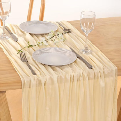 MLMC 3 Pack Beige Cheesecloth Table Runner 10ft Rustic Boho Gauze Cream Table Runner Bulk Winter Decor 35x120 Inches for Wedding Bridal Baby Shower Party Decor