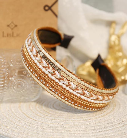 Women's Boho Sequin Pearls Headbands for Women Non Slip, Girls Sparkly Wide Hair Accessories Christmas Gift (Boho Yellow Wide)