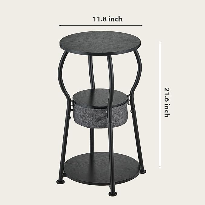 Small Round Side Table with Storage Bag, 3-Tier Accent Round End Table with Four Storage Functions for Living Room, 21.6" H Vintage Smalls Corner Table for Small Spaces Nightstand Bedroom