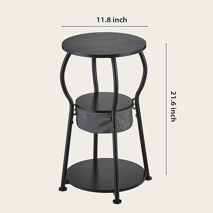 Small Round Side Table with Storage Bag, 3-Tier Accent Round End Table with Four Storage Functions for Living Room, 21.6" H Vintage Smalls Corner Table for Small Spaces Nightstand Bedroom