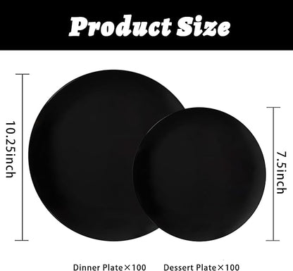 I00000 200 PCS Black Plastic Plates for 100 Guests Include: 10.25 inch 100 Pieces Dinner Plate and 7.5 inch 100 Pieces Dessert Plate, Premium Halloween Plastic Plates Perfect for Party & Halloween