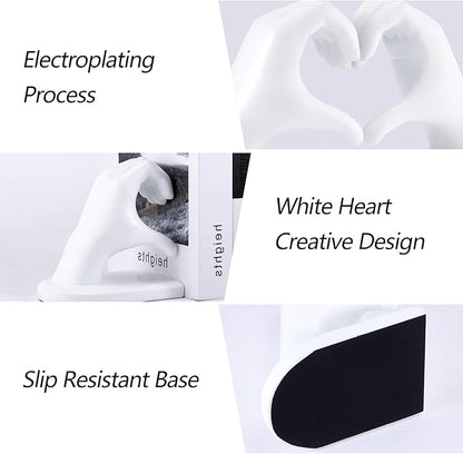White Bookends, Heavy Duty Bookend Holder Decor, White Finger Heart Shaped, Modern Art Sculpture, Finger Home Decoration, Bookends Decorative, Boho Decor for Desktop Bedroom Study Room