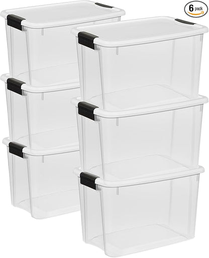 Sterilite 6-Pack 30 Quart Ultra Latch Box, Clear Storage Organizer Bins with Latching Lids - Stackable Plastic Containers for Home Organization in Garage, Attic, Basement, and Closet