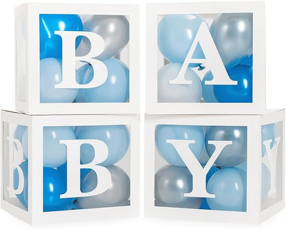 Baby Shower Boxes with Letters – White Boxes with Blue, Silver & White Balloons – 44-Piece Gender Reveal & Party Decoration Set by Vellax