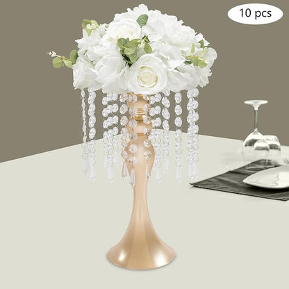 Wedding Centerpieces Gold Vases,10PCS Metal Flower Candle Holder with Sparkling Crystal Beads,Crystal Flower Vase Metal Flowers Stand for Party Tables Decorations