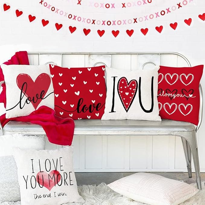 GEEORY Valentines Day Pillow Covers 18x18 Set of 4 Love Heart Valentines Day Decor Throw Pillows Decorative Cushion Cases for Sofa Couch Valentine Decorations