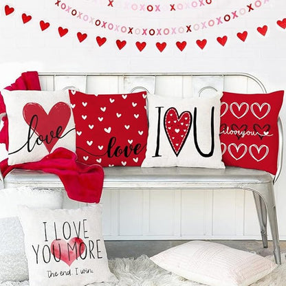 GEEORY Valentines Day Pillow Covers 18x18 Set of 4 Love Heart Valentines Day Decor Throw Pillows Decorative Cushion Cases for Sofa Couch Valentine Decorations