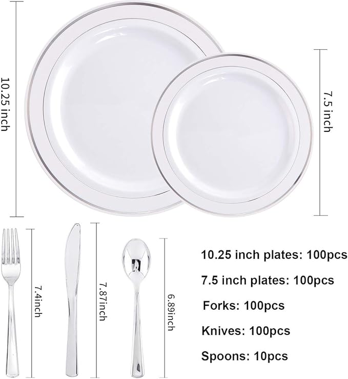 I00000 700 Piece Silver Dinnerware Set for 100 Guests-100 Dinner Plates, 100 Dessert Plates, 100 Disposable Cups 10 oz, 100 Paper Napkins, 100 Plastic Silverware Set Perfect for Party & Wedding