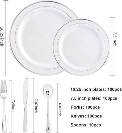 I00000 700 Piece Silver Dinnerware Set for 100 Guests-100 Dinner Plates, 100 Dessert Plates, 100 Disposable Cups 10 oz, 100 Paper Napkins, 100 Plastic Silverware Set Perfect for Party & Wedding