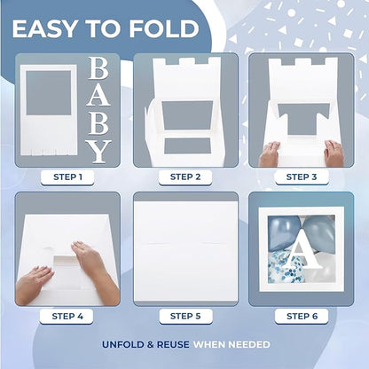 Baby Shower Boxes with Letters – White Boxes with White, Dusty Blue, Light Blue and Confetti Balloons – 44-Piece Gender Reveal & Party Decoration Set by Vellax