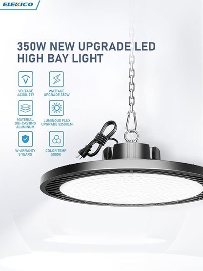Upgrade 350w Led Shop Lights, 6 Pack Super Bright 52500lm 5000k UFO Led High Bay Light, High Bay Led Shop Lights with Us Plug 5' Cable for Garage Workshop Factory Barn Gym Warehouse