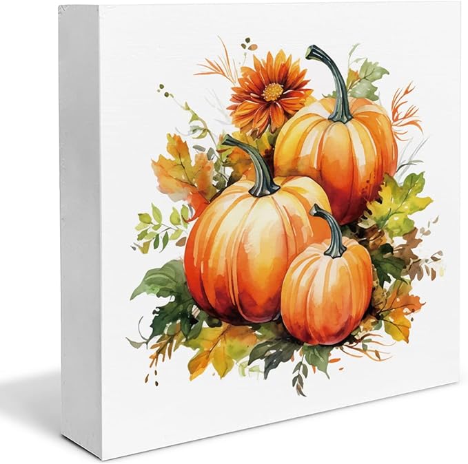 Fall Decor Farmhouse Pumpkins Wooden Box Sign Fall Harvest Decorations Rustic Home Desk Shelf Tabletop Decor 5 x 5 Inches