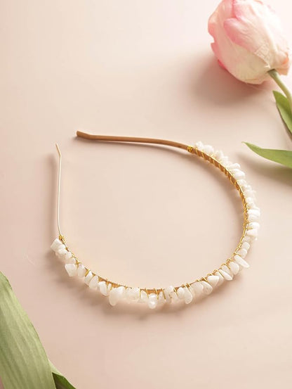 MINACHI Created White Quartz Chip Hairband – Boho Bridal Accessories Gold-tone Wire Wrapped Hairband for Women