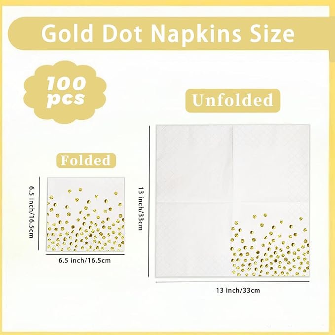 100 Pcs 6.5x6.5 Inch Disposable White Gold Paper Napkins for Cocktail