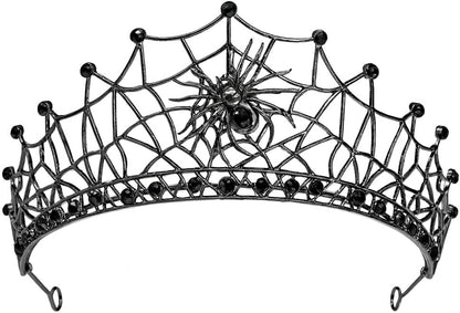 Gothic Black Spider Web Crown for Women Dark Queen Crystal Tiara Metal Headpiece Vampire Cosplay Masquerade Party Prom Night Witch Sorceress Costume Accessory