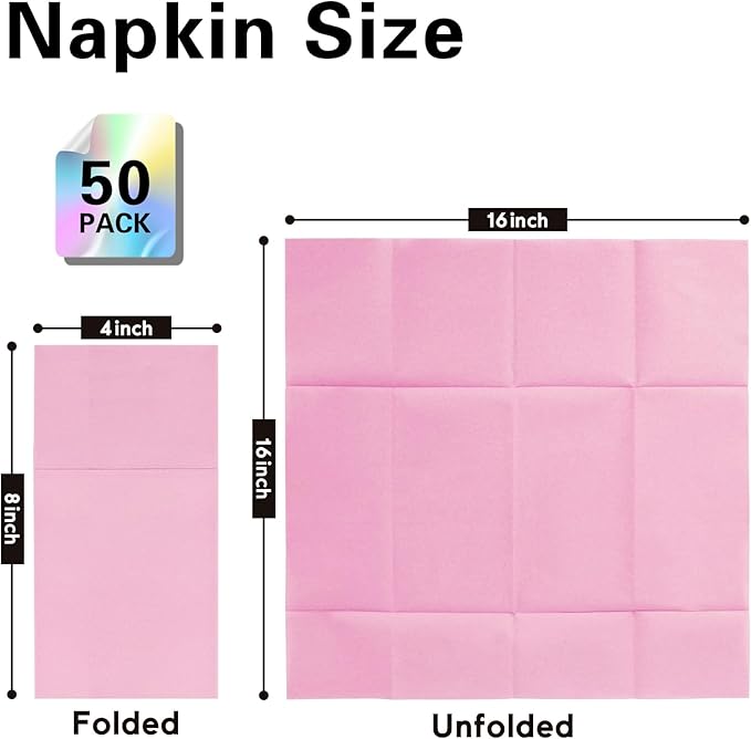 Pink Napkins Hand Towels Disposable, Linen-Feel Dinner Napkins with Prefolded Built-in Flatware Pocket, Guest Paper Hand Towels For Wedding, Dinner Or Party (16x16in, 50Pack）