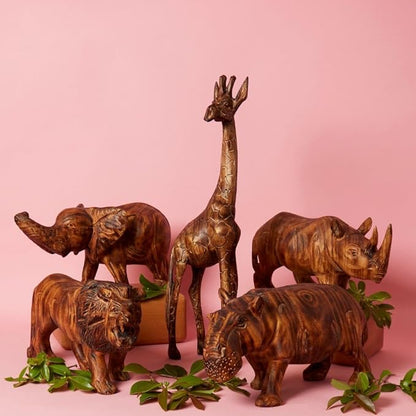 Large Wood Animal Sculptures, Giraffe, Hippo, Rhino, Lion, Elephant, Statues, Figurines, Home Decor Accents, Living Room, Office, Desk, Coffee Table, Book Shelf, Hand Carved, African, Brown