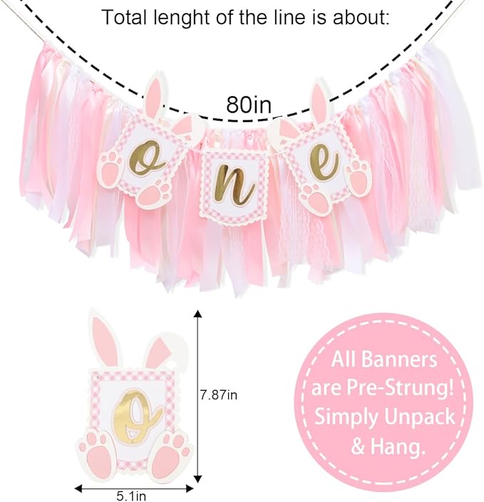 Pink Bunny One High Chair Banner - Some Bunny Is One Banner, Easter Bunny 1st Birthday Highchair Banner, Bunny Princess 1st Birthday Decorations, Pink Ribbon High Chair Garland (Bunny Banner One)