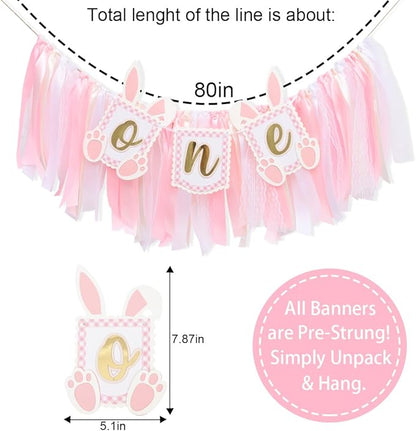 Pink Bunny One High Chair Banner - Some Bunny Is One Banner, Easter Bunny 1st Birthday Highchair Banner, Bunny Princess 1st Birthday Decorations, Pink Ribbon High Chair Garland (Bunny Banner One)