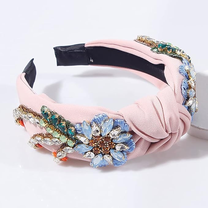 Yusier Baroque Rhinestone Crystal Hairband. 6.1in High, 5.31in Wide, Elastic Material, Exquisite Embroidery, Colorful Rhinestones. Embroidered Hair Hoop for Women. Pink. (1 Count)