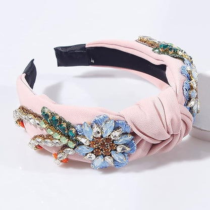 Yusier Baroque Rhinestone Crystal Hairband. 6.1in High, 5.31in Wide, Elastic Material, Exquisite Embroidery, Colorful Rhinestones. Embroidered Hair Hoop for Women. Pink. (1 Count)