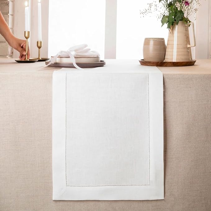 D'Moksha Homes Linen White Table Runner 90 Inches Long - Classic Hemstitch 100% Pure Linen White Dining Table Runner 14 x 90 Inch for Winter, Christmas, Holiday
