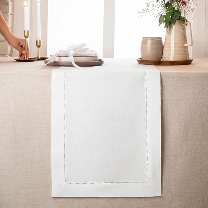 D'Moksha Homes Linen White Table Runner 90 Inches Long - Classic Hemstitch 100% Pure Linen White Dining Table Runner 14 x 90 Inch for Winter, Christmas, Holiday