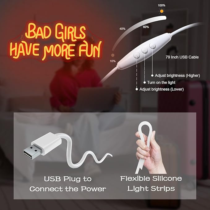 NOSUN Bad Girls Have More Fun Neon Sign Red Happy Halloween Neon Sign LED Wall Decor Hanging Light for Bedroom Living Room Bar Office USB Powered Spooky Scary Youth Holiday Party Gift