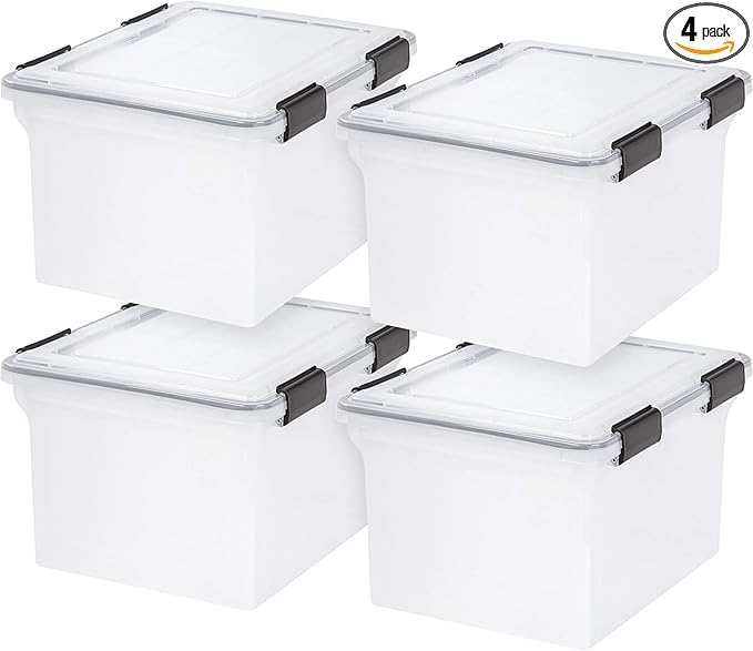 IRIS USA File Box WeatherPro File Organizer Plastic File Box for Letter/Legal File, Water Resistant Document Box, Durable Lid, Seal w/Secure Latching Buckles, Stackable, Nestable, Clear 32 Qt. 4Pack