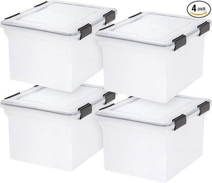 IRIS USA File Box WeatherPro File Organizer Plastic File Box for Letter/Legal File, Water Resistant Document Box, Durable Lid, Seal w/Secure Latching Buckles, Stackable, Nestable, Clear 32 Qt. 4Pack