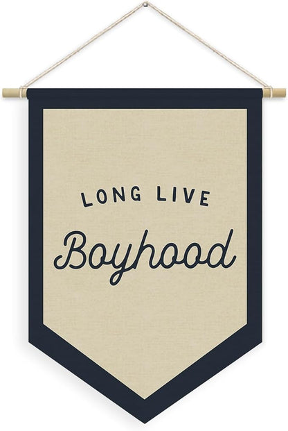 Boys Room Decor, Long Live Boyhood Linen Canvas Banner, Boy Nursery Wall Hanging Pennant Flag Banner for Boys Kids Toddler Room Bedroom Playroom Decor, 15x11in - Navy Blue