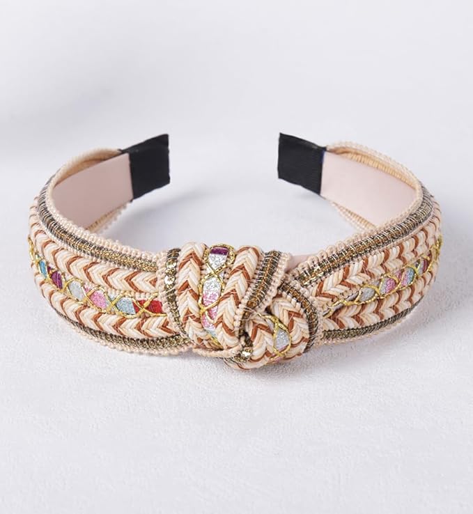 Women's Boho Top Knotted Sequin Braided Headbands for Women Non Slip, Girls Sparkly Wide Hair Accessories Christmas Gift (Boho Brown Wide)