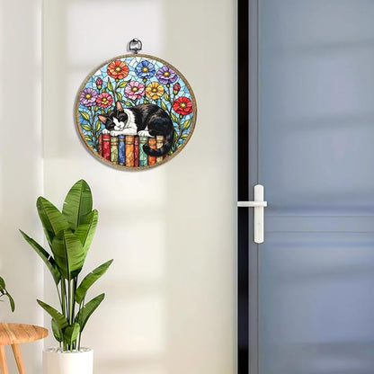 Cute Cat Decor Cat Stuff Accessories Book Lovers Gifts Reading Gifts Framed Round Wall Decor Canvas Wall Art Hanging Prints Artwork for Home Door Bedroom Porch Library Decorations 10.2X10.2 Inch