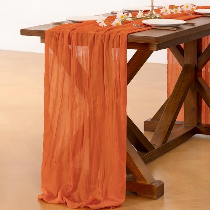 Socomi 10pcs Orange Fall Thanksgiving Cheesecloth Table Runner Boho Rustic Gauze 120 inch 10FT Cheese Cloth Runner for Wedding Party Baby Shower Birthday Home Decor Holiday Decorations