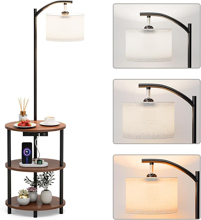 Round Side Table with Lamp and USB Ports, 3-Tier Small End Table for Living Room & Bedroom, Rustic Wood Metal Nightstand for Small Spaces, Easy to Assemble, Rustic Walnut