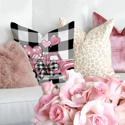 GEEORY Buffalo Plaid Valentines Day Pillow Covers 18x18 Set of 4 Valentine Day Decor Polka Dot Pink Heart with Bow Love Truck Decorative Throw Pillows for Sofa Couch Cushion Decorations G447-18