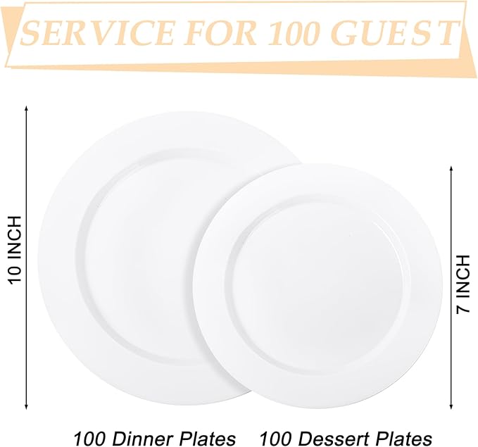 FLOWERCAT 200PCS White Plastic Plates Disposable Plates for Party - Heavy Duty Plastic Plates - 100 10" Dinner Plates and 100 7" Salad Plates for Christmas,Thanksgiving Parties New Year and Events