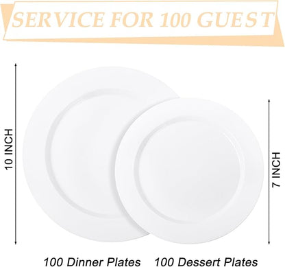 FLOWERCAT 200PCS White Plastic Plates Disposable Plates for Party - Heavy Duty Plastic Plates - 100 10" Dinner Plates and 100 7" Salad Plates for Christmas,Thanksgiving Parties New Year and Events