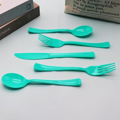 150 Pack Teal Plastic Silverware, Teal Plastic Cutlery Set - 50 Forks and 50 Spoons, 50 Knives for Brithday, Wedding