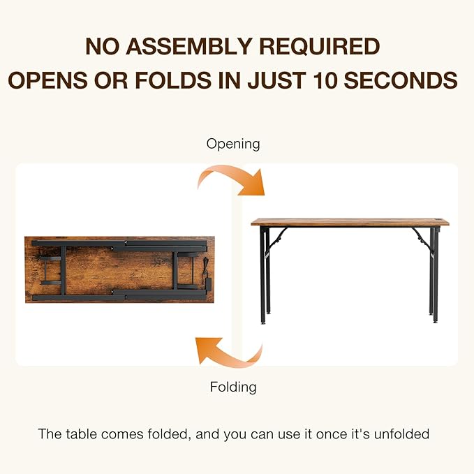 TEMI Long Computer Desk Folding Table - No Assembly, Compact 55" Foldable Desk with Power Outlets & USB Charging Port, Portable Lagre Office Desk, Ideal Large Study Table for Narrow Spaces, Brown