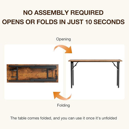 TEMI Long Computer Desk Folding Table - No Assembly, Compact 55" Foldable Desk with Power Outlets & USB Charging Port, Portable Lagre Office Desk, Ideal Large Study Table for Narrow Spaces, Brown