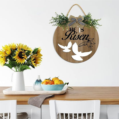 Boylee Easter Wooden Hanging Sign He Is Risen Sign Door Decoration with Bow Rustic Easter Wood Wreath Sign for Easter Spring Holiday Home Coffee Shop Bakery Farmhouse Window