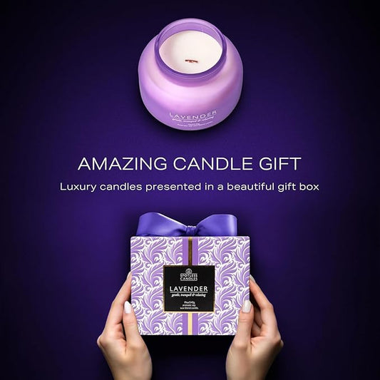 Lavender Candle 19oz Volcano Jar with Wooden Wick Upto 75 Hours Burn Time in a Large 4" x 5" Solid Purple Glass Jar in a Luxury Gold Foil Gift Box