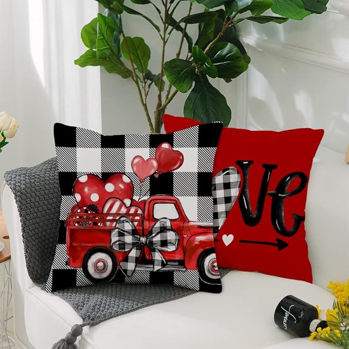 Buffalo Plaid Valentine's Day Pillow Covers 16x16 Set of 4 - Polka Dot Red Heart With Bow Love Truck Decorative Throw Pillows G169-16