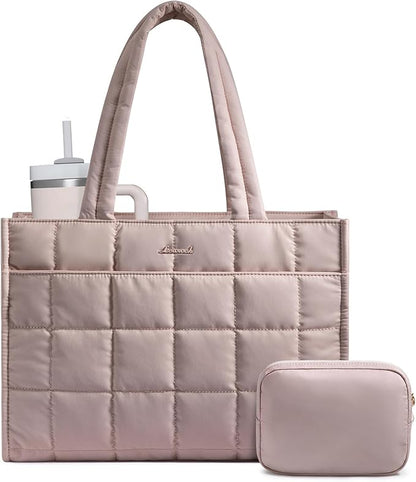 LOVEVOOK Tote Bag for Women, Puffer Work Handbag 17 Inch Laptop Purse for Nurse Teacher, Large Quilted Travel Tote Shoulder Bag with Zipper for College Office Clinical Gym