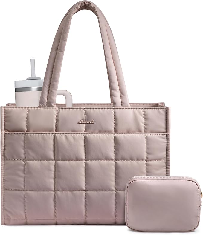 LOVEVOOK Tote Bag for Women, Puffer Work Handbag 15.6 Inch Laptop Purse for Nurse Teacher, Large Quilted Travel Tote Shoulder Bag with Zipper for College Office Clinical Gym, ‌Smoky Blush