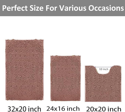Chenille Bathroom Rugs Set 3 Piece Bath Mats for Bathoom Non-Slip Luxury Bathroom Rug Extra Soft and Absorbent Shaggy Rugs Washable Dry Plush Area Carpet